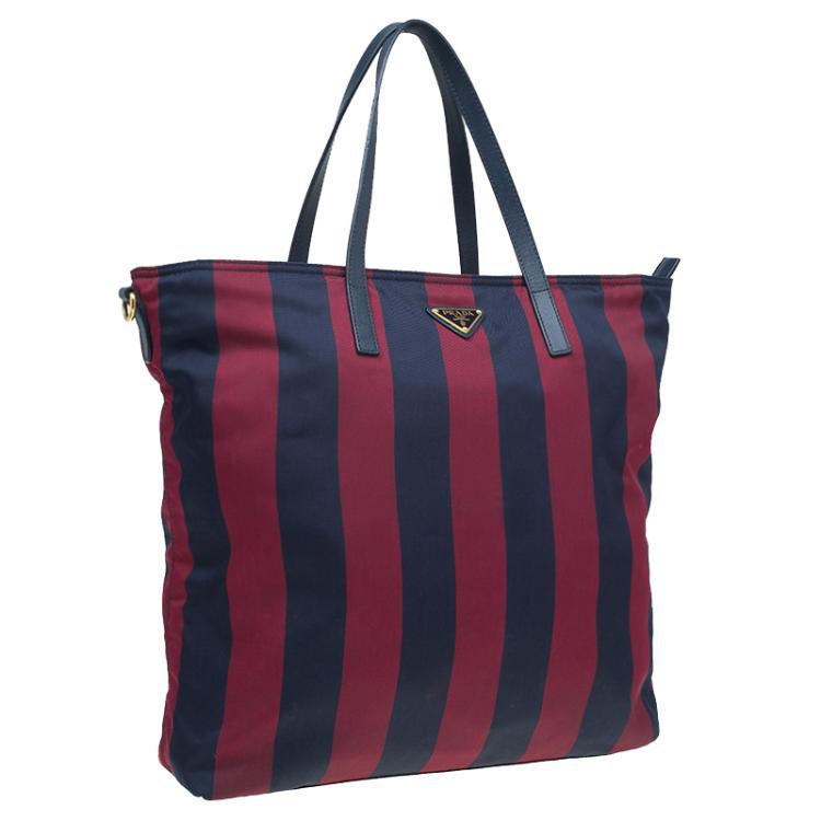 Pre Owned Prada Bicolor Stripped Nylon Shopping Tote