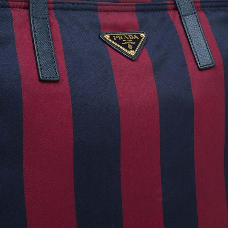 Pre Owned Prada Bicolor Stripped Nylon Shopping Tote