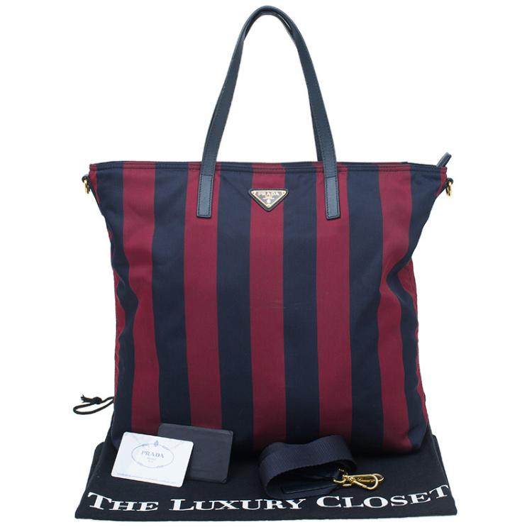 Pre Owned Prada Bicolor Stripped Nylon Shopping Tote