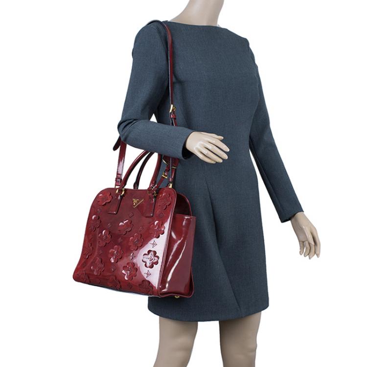 Pre Owned Prada Red Patent Leather Floral Framed Top Handle Bag