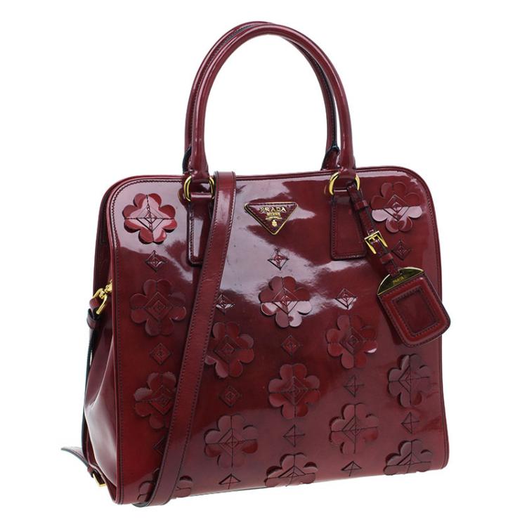 Pre Owned Prada Red Patent Leather Floral Framed Top Handle Bag