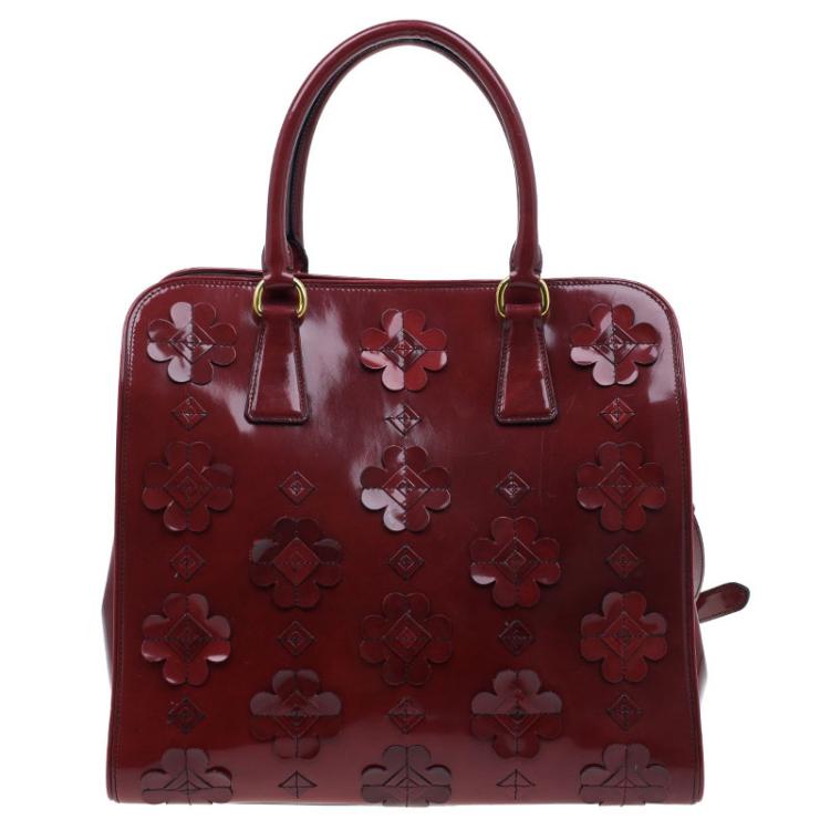 Pre Owned Prada Red Patent Leather Floral Framed Top Handle Bag