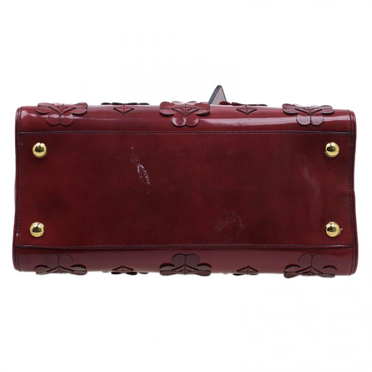 Pre Owned Prada Red Patent Leather Floral Framed Top Handle Bag