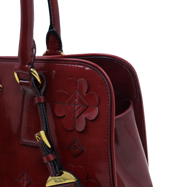Pre Owned Prada Red Patent Leather Floral Framed Top Handle Bag