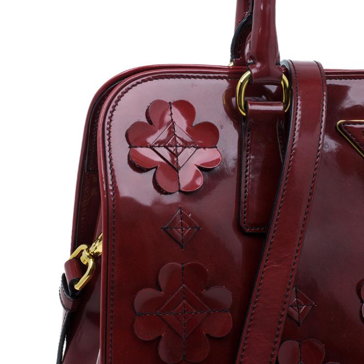 Pre Owned Prada Red Patent Leather Floral Framed Top Handle Bag