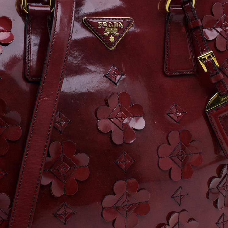 Pre Owned Prada Red Patent Leather Floral Framed Top Handle Bag