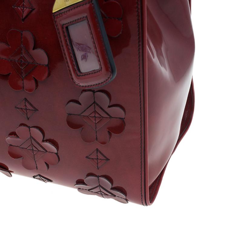 Pre Owned Prada Red Patent Leather Floral Framed Top Handle Bag