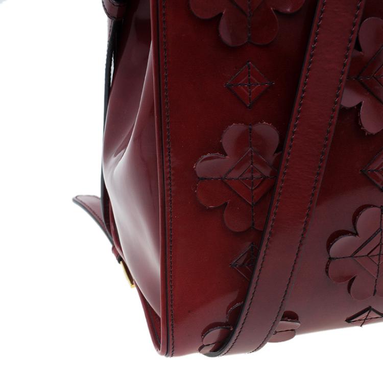Pre Owned Prada Red Patent Leather Floral Framed Top Handle Bag