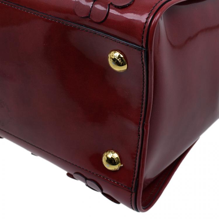 Pre Owned Prada Red Patent Leather Floral Framed Top Handle Bag