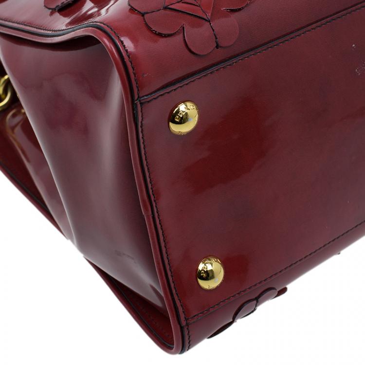 Pre Owned Prada Red Patent Leather Floral Framed Top Handle Bag