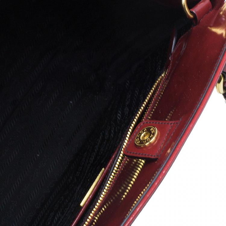 Pre Owned Prada Red Patent Leather Floral Framed Top Handle Bag