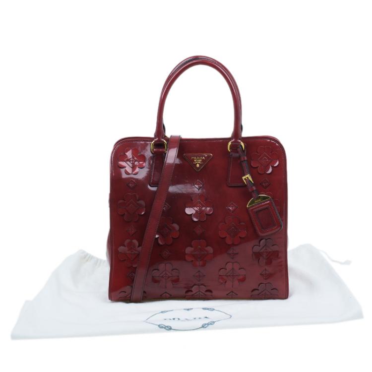 Pre Owned Prada Red Patent Leather Floral Framed Top Handle Bag
