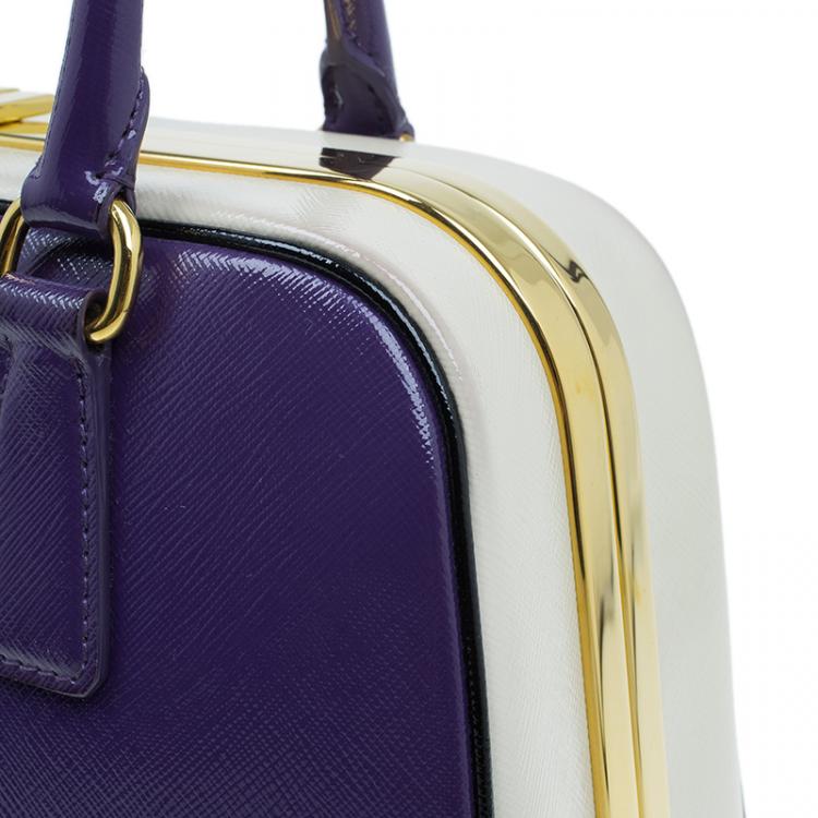 Pre Owned Prada Purple/Cream Saffiano Lux Leather Frame Top Handle Bag