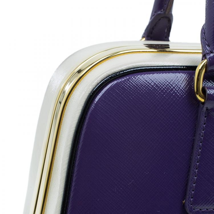 Pre Owned Prada Purple/Cream Saffiano Lux Leather Frame Top Handle Bag