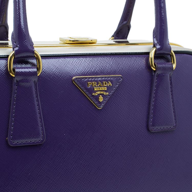 Pre Owned Prada Purple/Cream Saffiano Lux Leather Frame Top Handle Bag