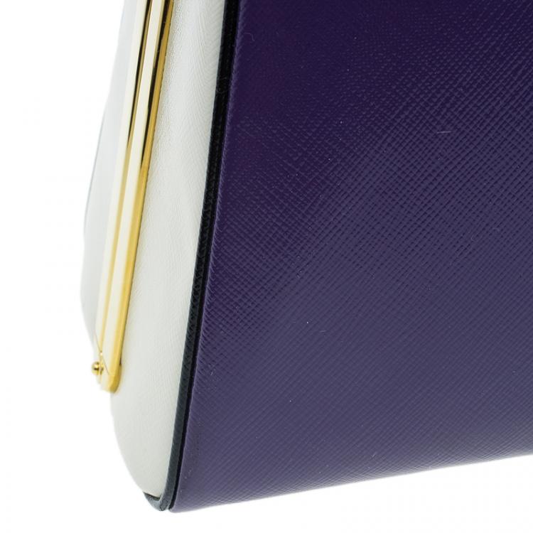 Pre Owned Prada Purple/Cream Saffiano Lux Leather Frame Top Handle Bag