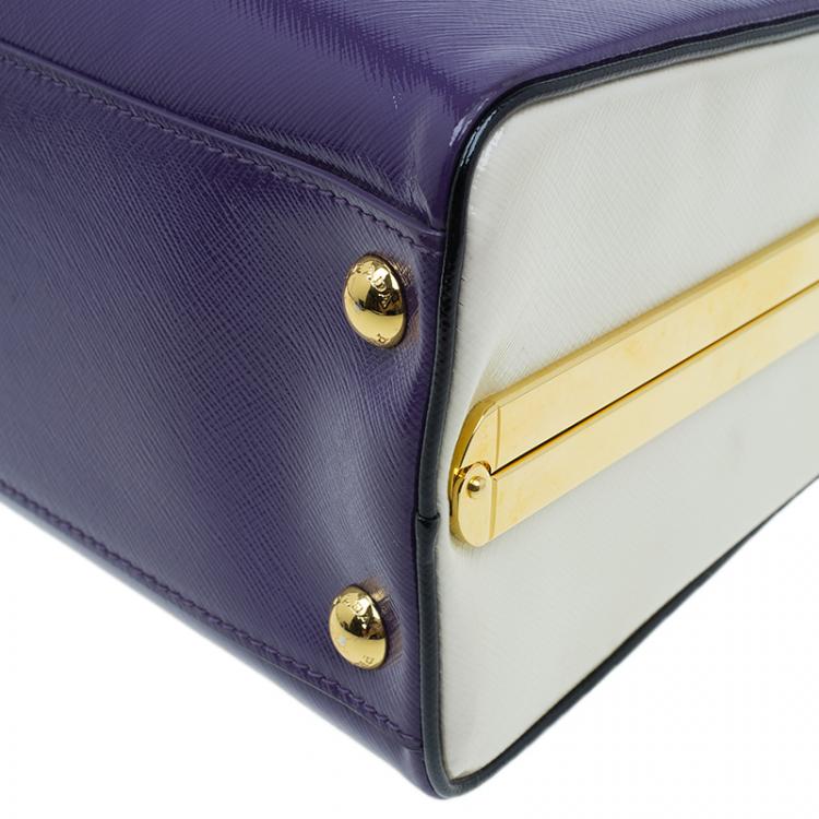 Pre Owned Prada Purple/Cream Saffiano Lux Leather Frame Top Handle Bag