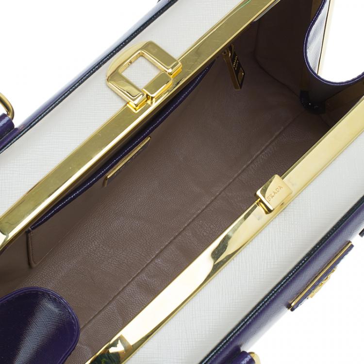 Pre Owned Prada Purple/Cream Saffiano Lux Leather Frame Top Handle Bag