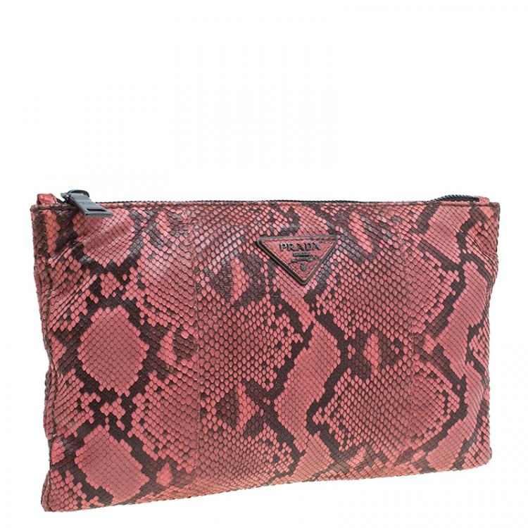 Pre Owned Prada Rosa Python Flat Zip Clutch