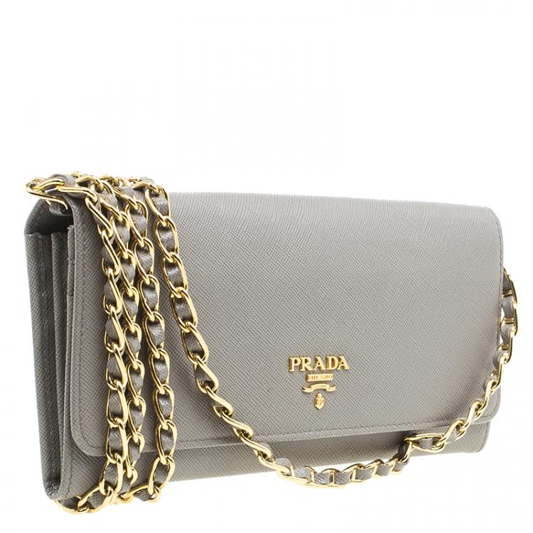 Pre Owned Prada Argilla Saffiano Metal Leather Wallet on Chain Clutch
