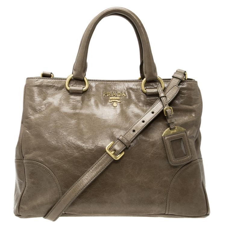Prada Dark Beige Vitello Shine Leather Top Handle Bag