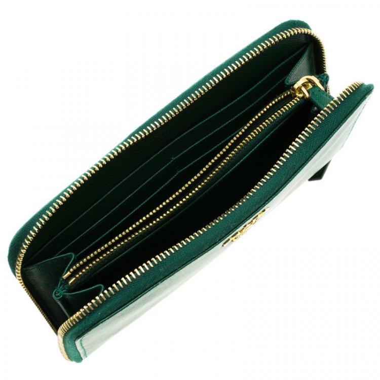 Prada Dark Green Saffiano Leather Logo Zip Around Wallet Prada