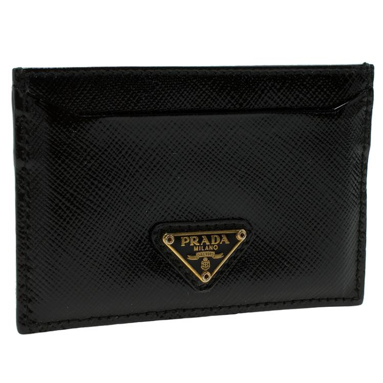 Pre Owned Prada Black Saffiano Patent Leather Card Holder 