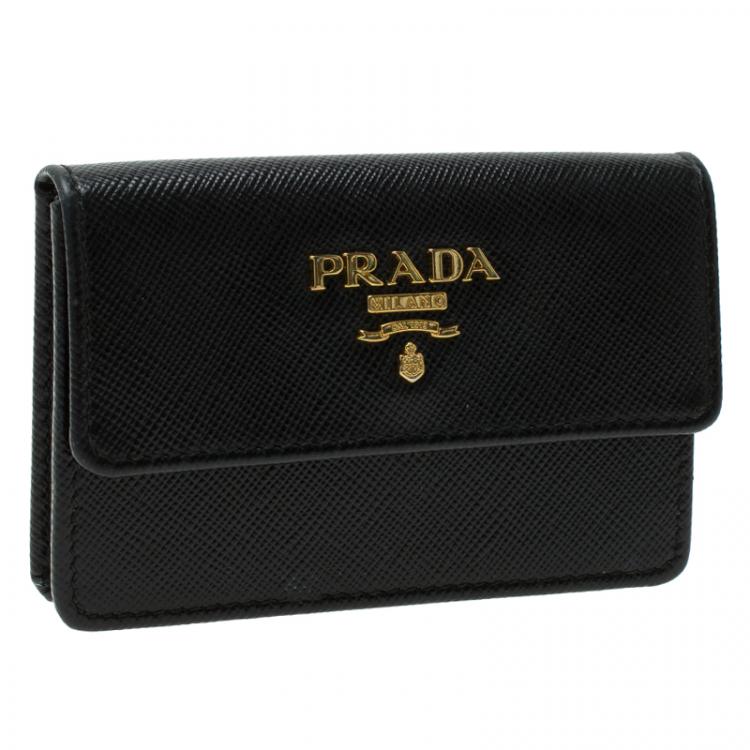 Pre Owned Prada Black Saffiano Leather Flap Card Holder 