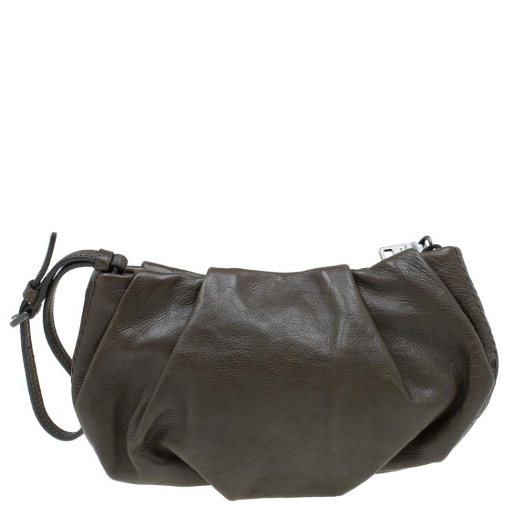 Pre Owned Prada Military Green Glazed Leather Ruched Wristlet Clutch