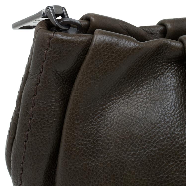Pre Owned Prada Military Green Glazed Leather Ruched Wristlet Clutch