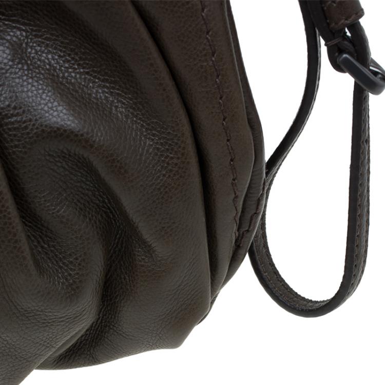 Pre Owned Prada Military Green Glazed Leather Ruched Wristlet Clutch