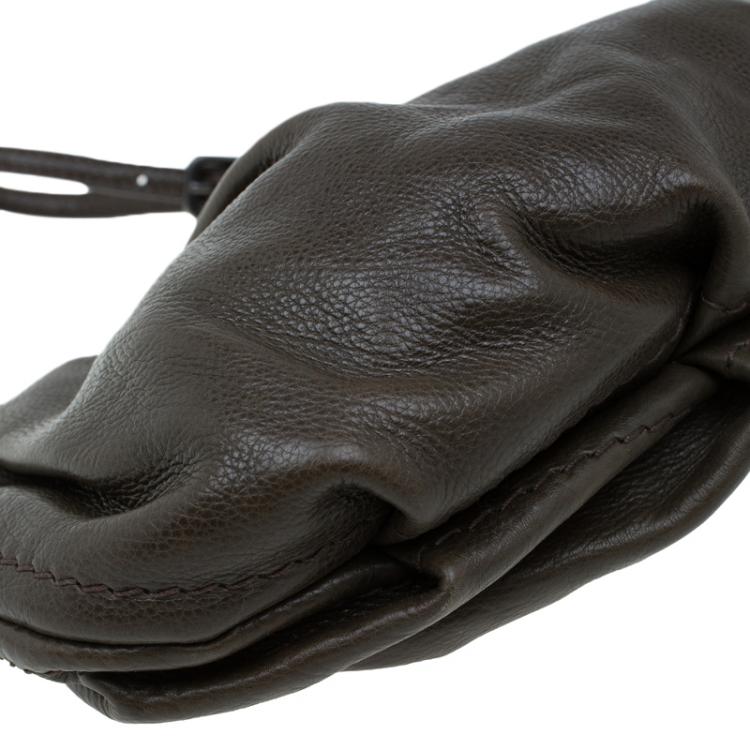 Pre Owned Prada Military Green Glazed Leather Ruched Wristlet Clutch