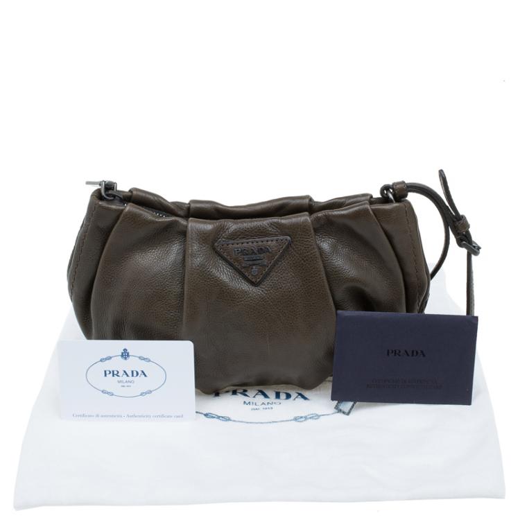 Pre Owned Prada Military Green Glazed Leather Ruched Wristlet Clutch