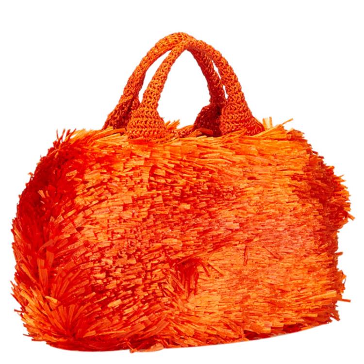 Pre Owned Prada Orange Raffia Grass Top Handle Bag