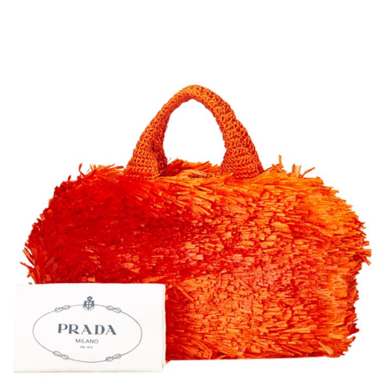 Pre Owned Prada Orange Raffia Grass Top Handle Bag