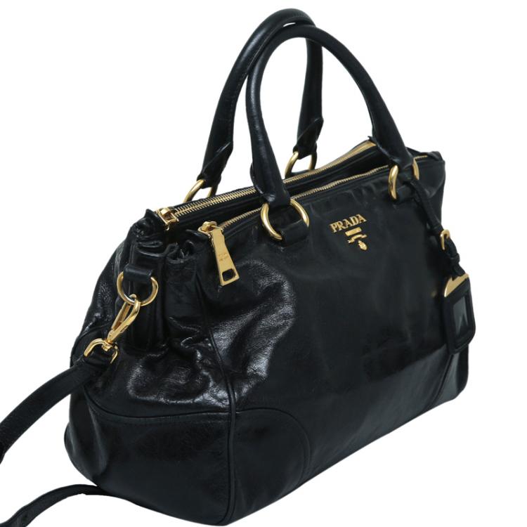 Pre Owned Prada Black Glazed Leather Double Zip Top Handle Bag