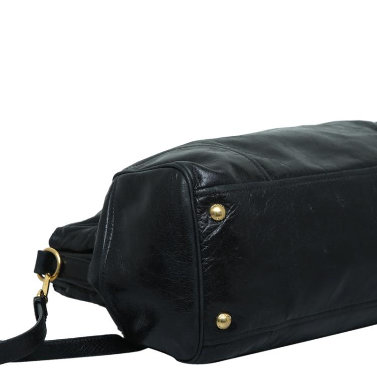 Pre Owned Prada Black Glazed Leather Double Zip Top Handle Bag