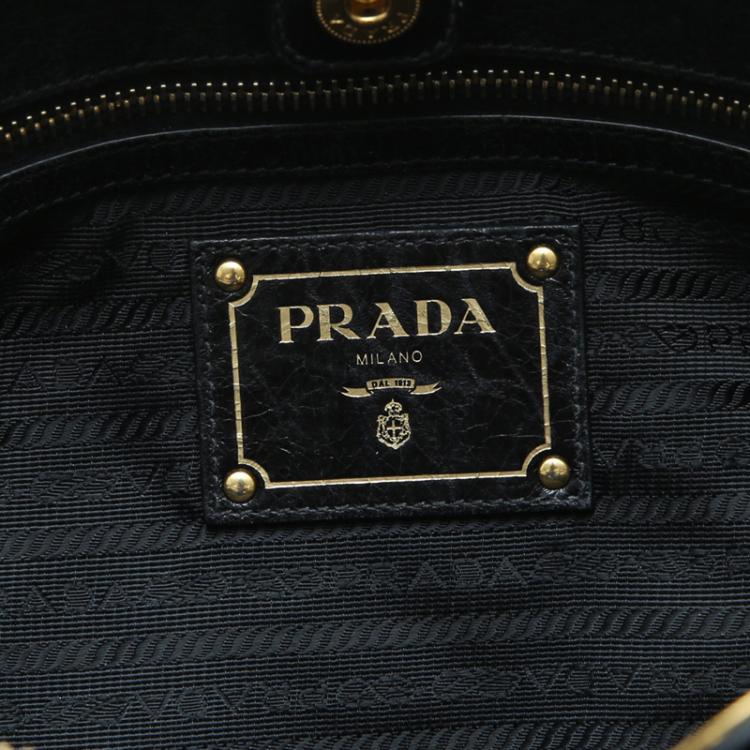 Pre Owned Prada Black Glazed Leather Double Zip Top Handle Bag