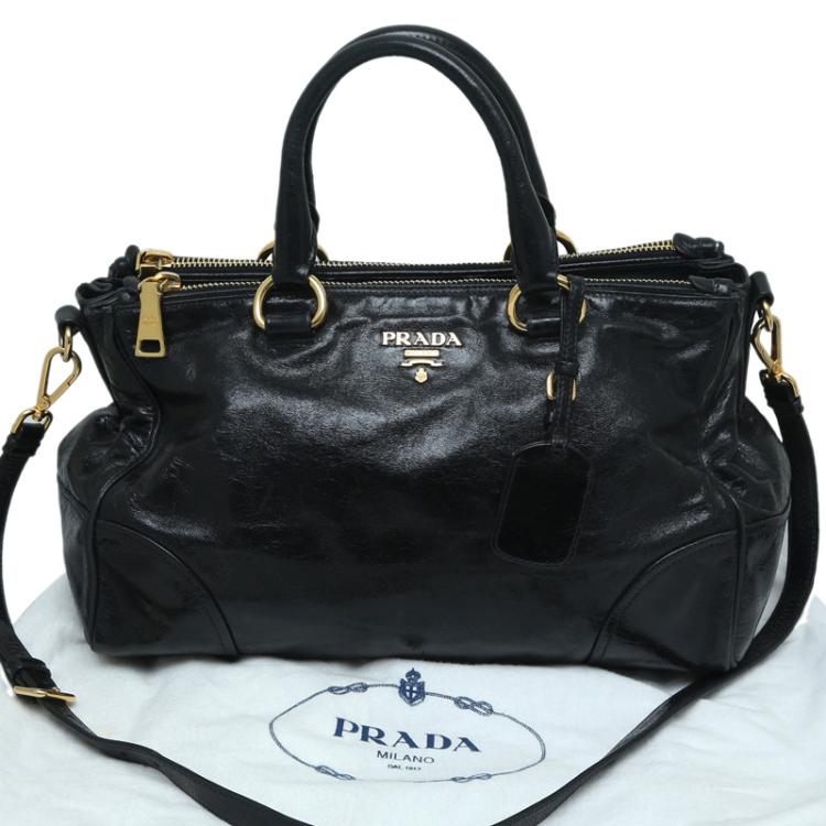 Pre Owned Prada Black Glazed Leather Double Zip Top Handle Bag