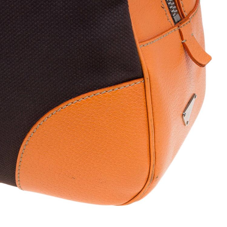 Pre Owned Prada Bi Color Leather and Canvas Bowling Bag