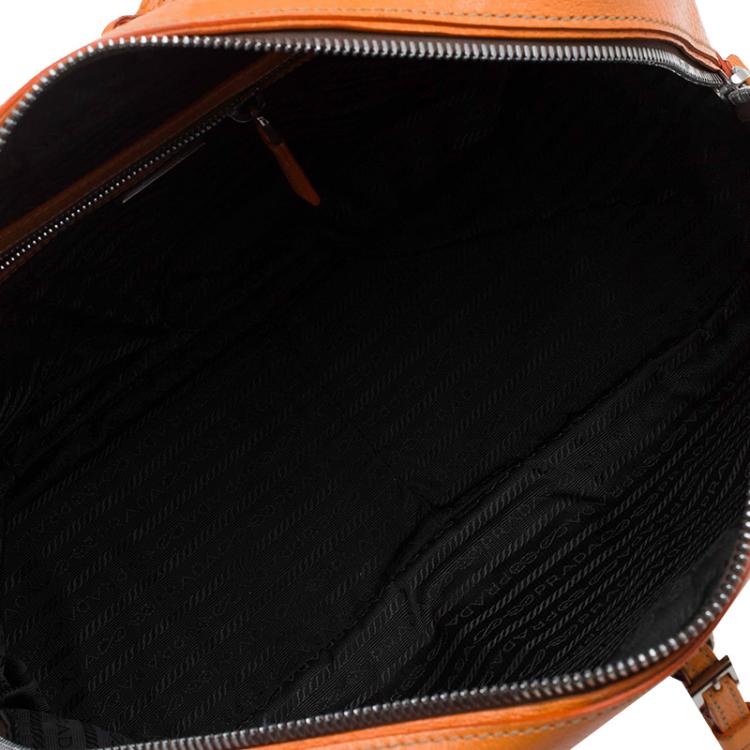 Pre Owned Prada Bi Color Leather and Canvas Bowling Bag