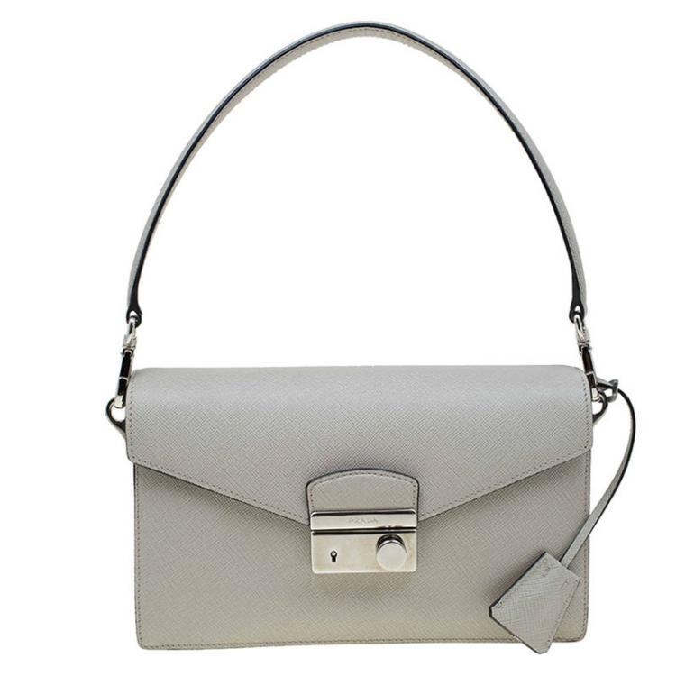 PRADA Saffiano Lux Leather Sound Shoulder Bag Light Grey