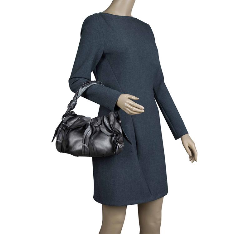 Pre Owned Prada Metallic Grey Leather Small Ruffle Hobo