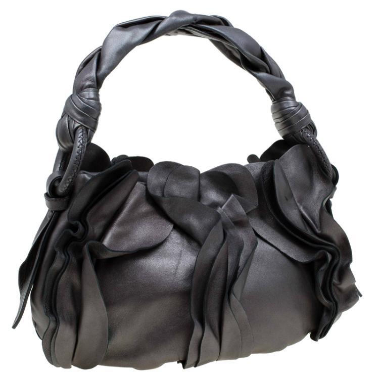 Pre Owned Prada Metallic Grey Leather Small Ruffle Hobo