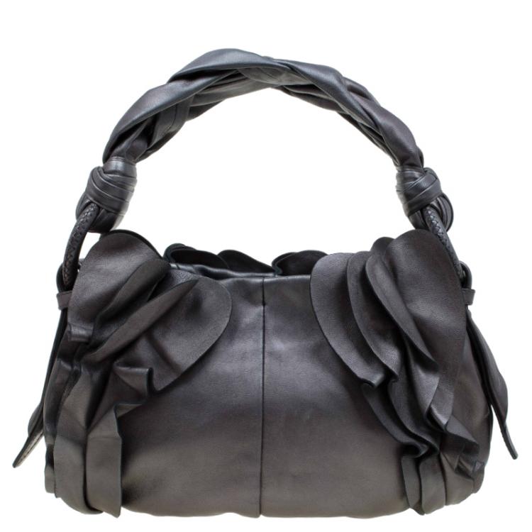 Pre Owned Prada Metallic Grey Leather Small Ruffle Hobo
