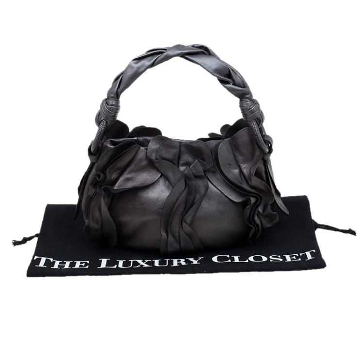 Pre Owned Prada Metallic Grey Leather Small Ruffle Hobo