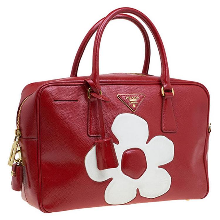 Pre Owned Prada Red and White Saffiano Vernice Patent Leather Bauletto Flower Top handle Bag