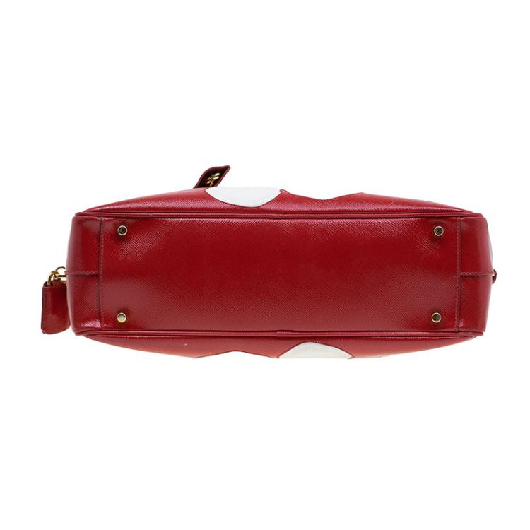 Pre Owned Prada Red and White Saffiano Vernice Patent Leather Bauletto Flower Top handle Bag
