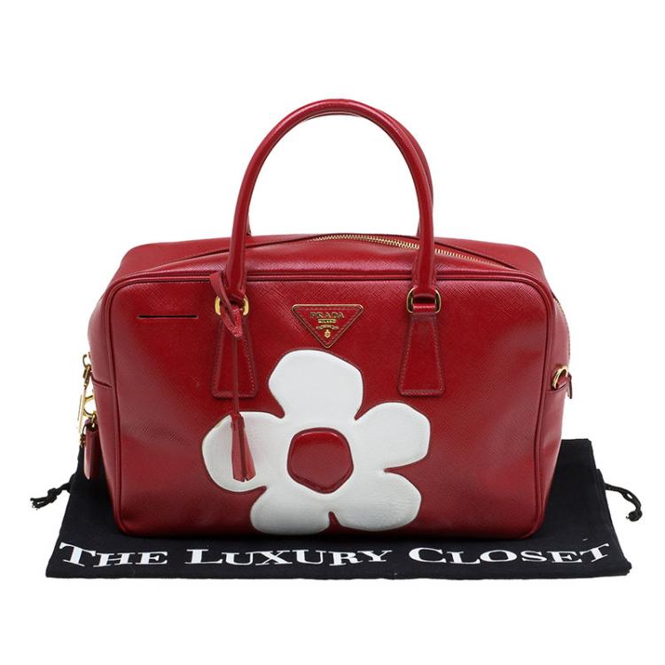 Pre Owned Prada Red and White Saffiano Vernice Patent Leather Bauletto Flower Top handle Bag