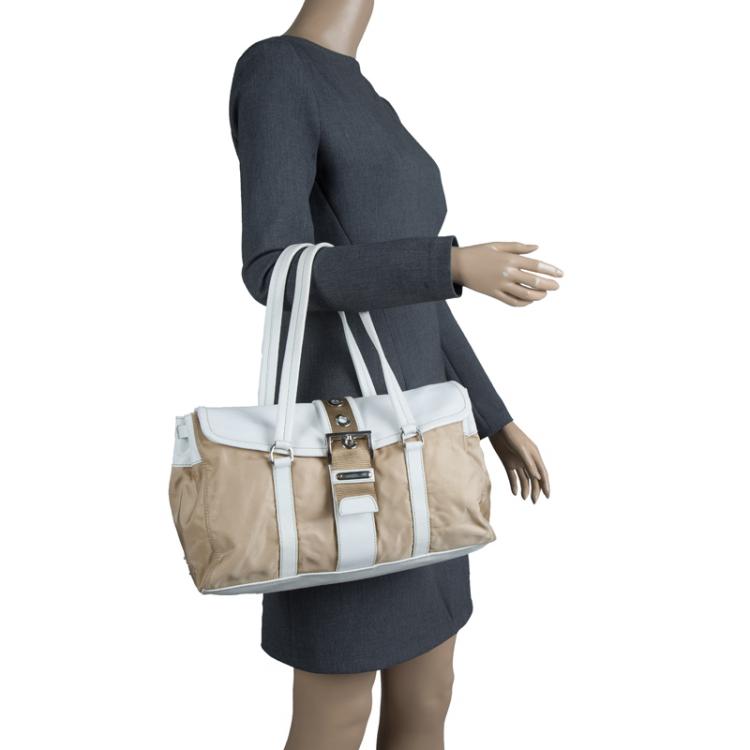 Pre Owned Prada Beige/White Nylon and Leather Satchel